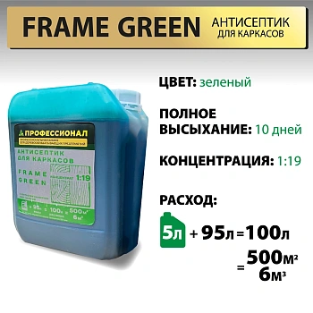 картинка Антисептик для каркасов ПРОФЕССИОНАЛ Frame Green концентрат 1:19, с зеленым контролем нанесения 5л от магазина Кубатура